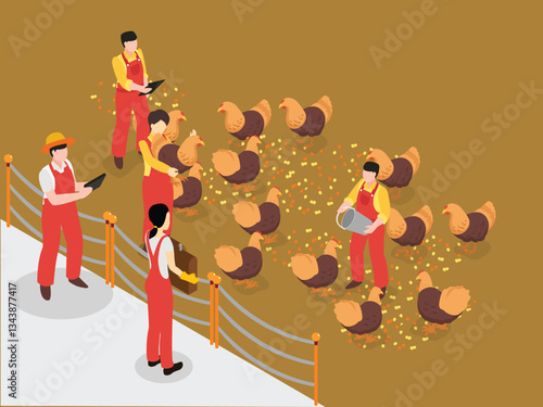 Poultry Farm with Farmers Feeding Chickens 3d flat vector illustrations