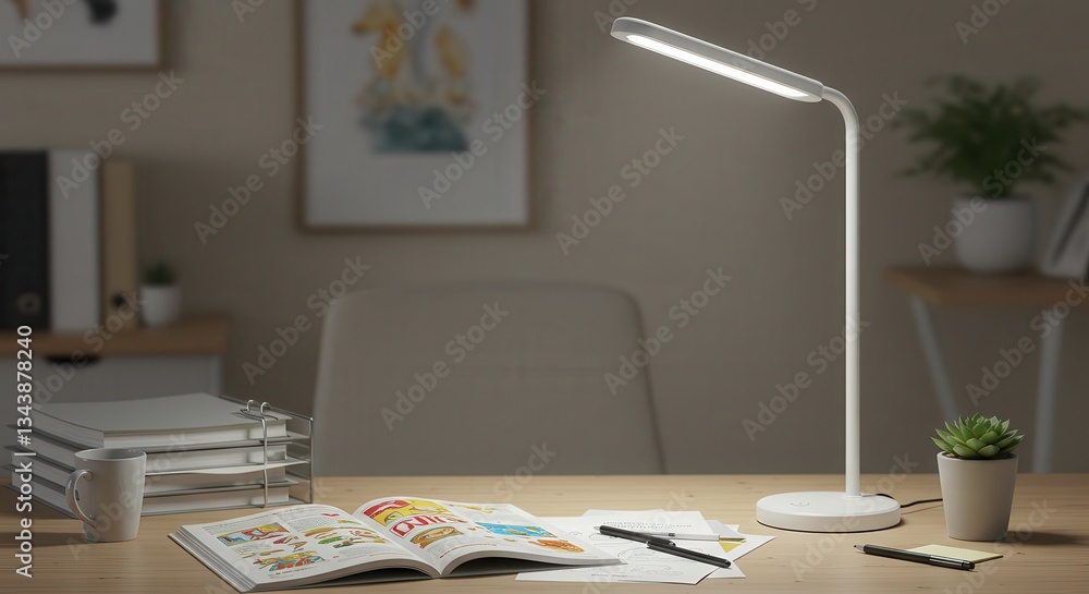 Fototapeta premium Studying with Desk Lamp on Wooden Table in Home Office Setup