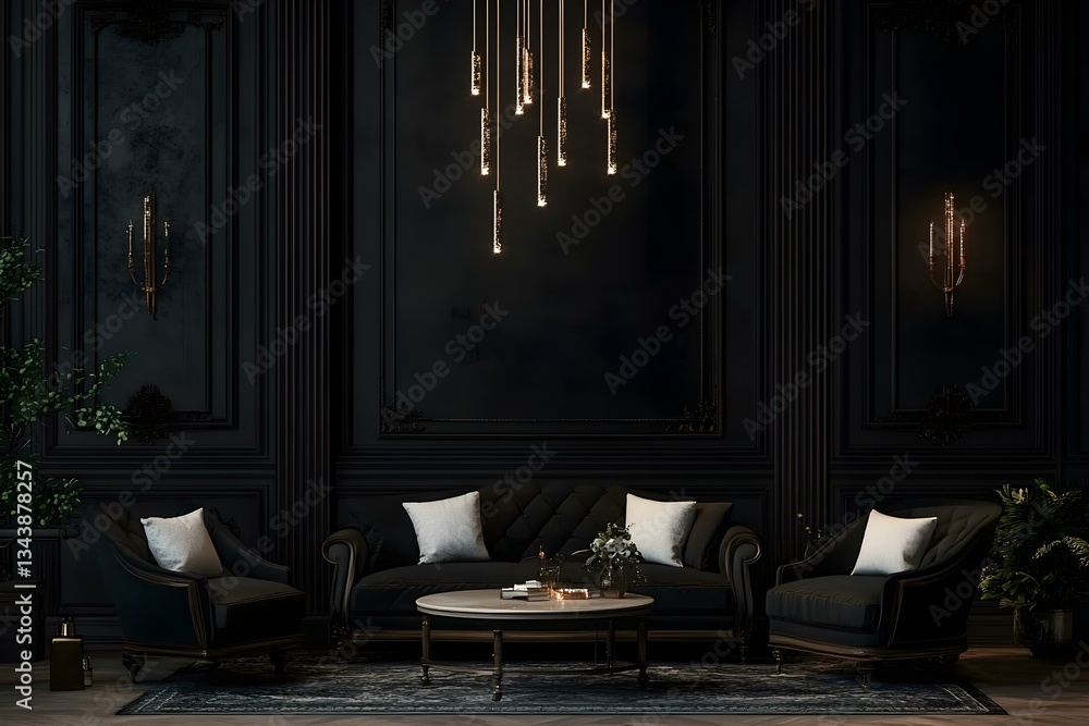 Fototapeta premium Living Interior with Table, Sofas, and Black Wall Theme