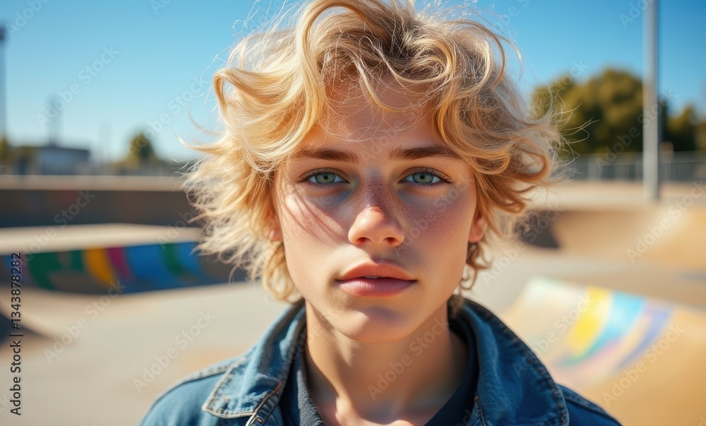 Young male skater with curly hair Young male skater with curly hair
