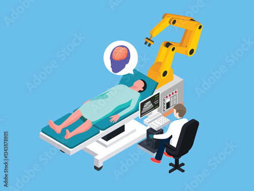 Robotic Brain Surgery with Surgeon and Medical Equipment 3d flat vector illustrations