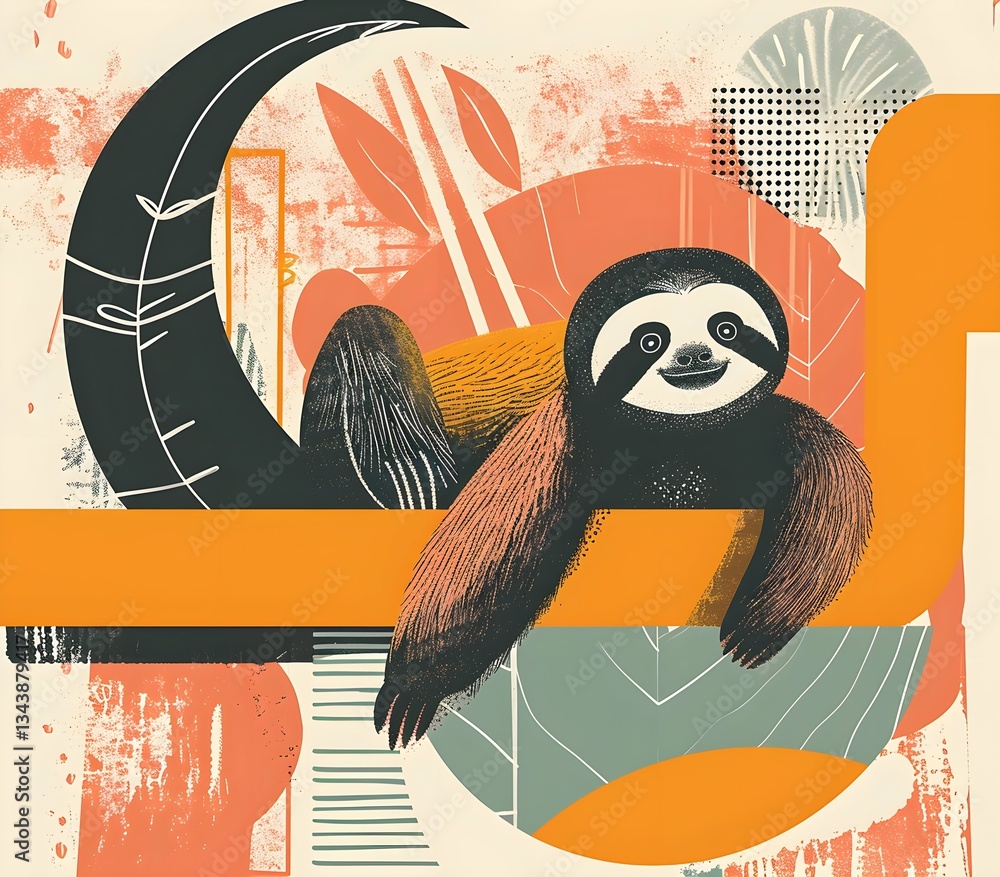 Obraz premium Modern style poster with sloth , The animal is set against a background of abstract forms and pastel 