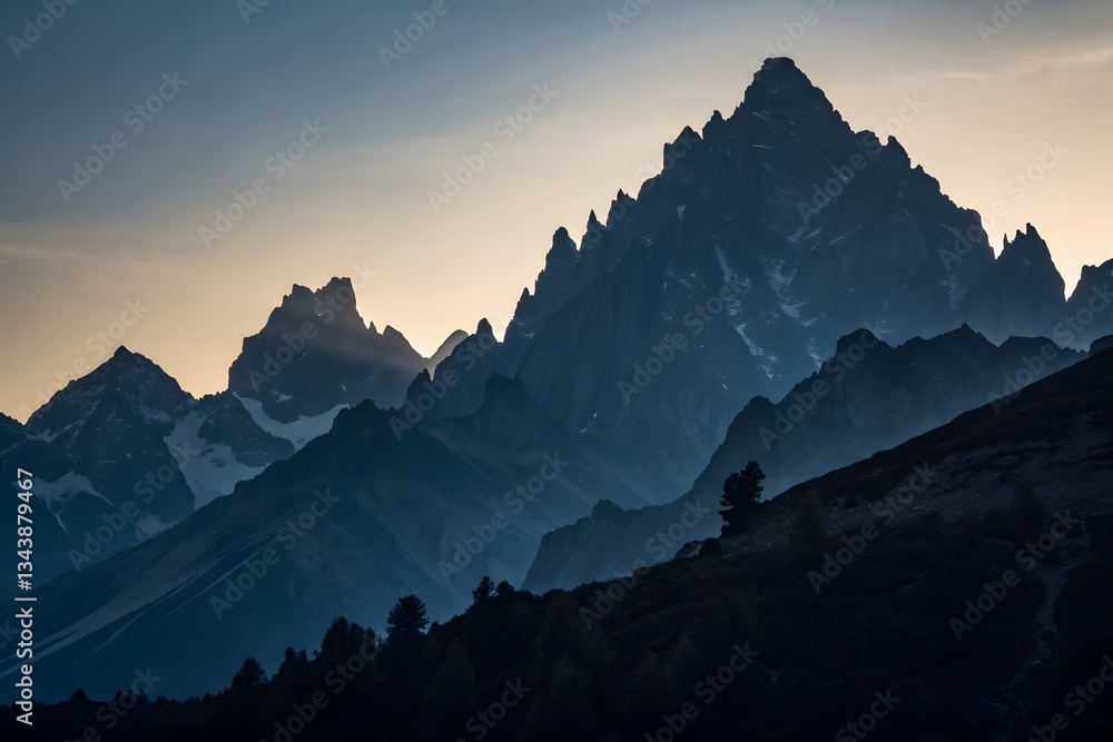 Obraz premium Majestic mountain peaks silhouetted against a twilight sky