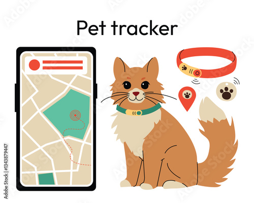 pet tracking system featuring a fluffy cat wearing a smart collar, a GPS tracking app on a smartphone, and location icons. pet safety solutions, ideal for GPS pet trackers and smart pet accessories