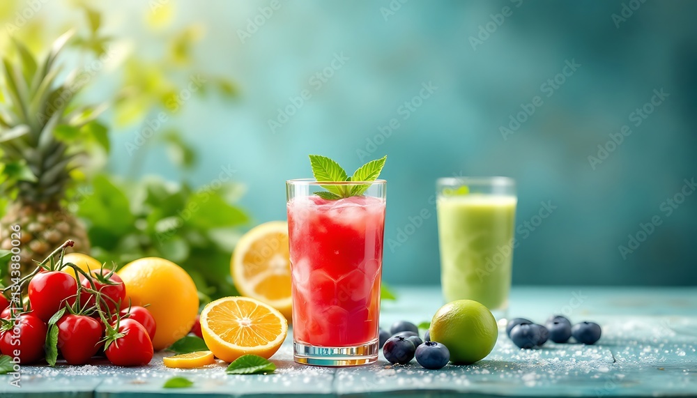 Still life of fruit, two glasses of drinks, one red and one green on a blue wooden table top Still life of fruit, two glasses of drinks, one red and one green on a blue wooden table top