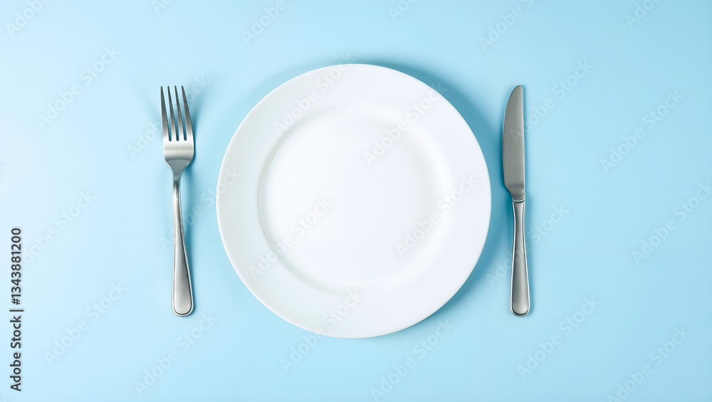 Minimalist blue plate with fork and knife on a clean, modern background. Generative AI Minimalist blue plate with fork and knife on a clean, modern background. Generative AI