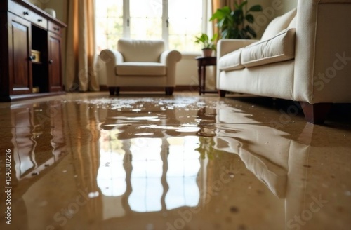 Living room after flooding sofas and floor in water