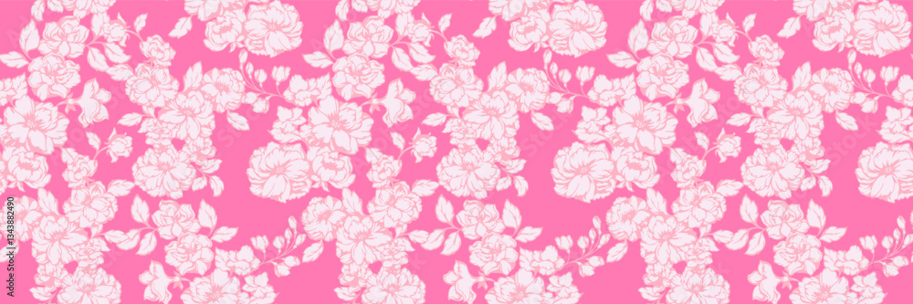 Seamless floral pattern with blooming flowers and leaves on a bright pink background. Ideal for fabric, wallpaper, packaging, and digital design. Elegant and cheerful floral design. Seamless floral pattern with blooming flowers and leaves on a bright pink background. Ideal for fabric, wallpaper, packaging, and digital design. Elegant and cheerful floral design.
