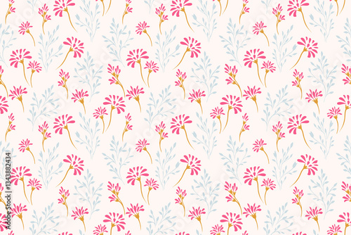 Seamless floral pattern with pink daisies with blue stems on a light background. Perfect for summer themed projects, stationery, textiles, and gift wraps.