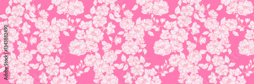 Wallpaper Mural Seamless floral pattern with blooming flowers and leaves on a bright pink background. Ideal for fabric, wallpaper, packaging, and digital design. Elegant and cheerful floral design. Torontodigital.ca