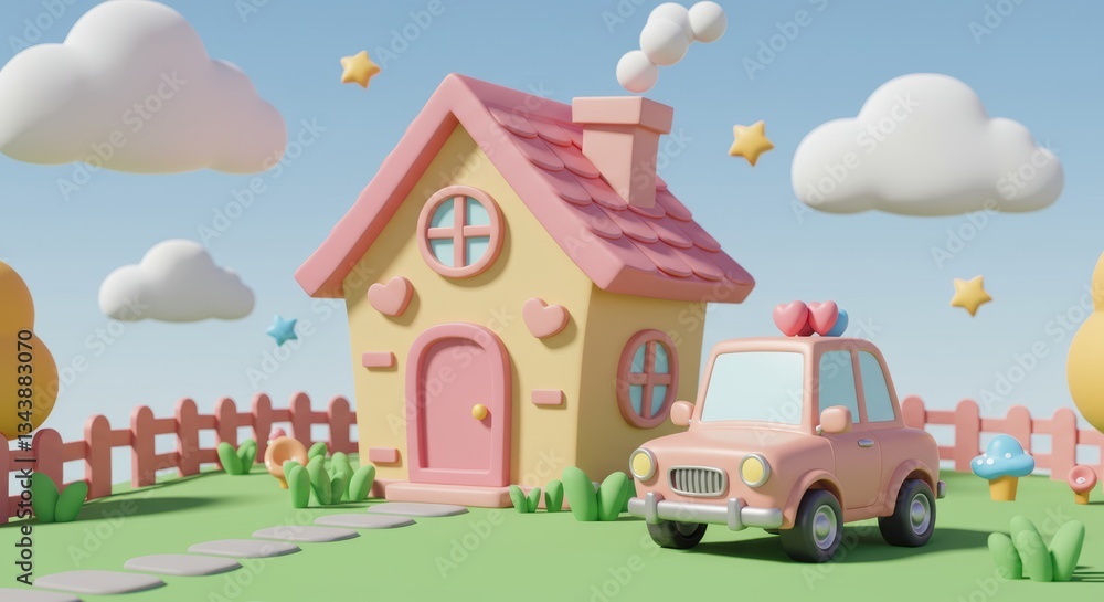 Naklejka premium Whimsical pastel world with cartoon house and car in a fantasy landscape