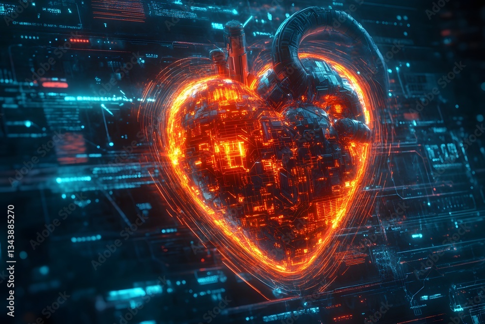 Obraz premium Futuristic Digital Heart with Glowing Circuit Patterns and Tech Elements