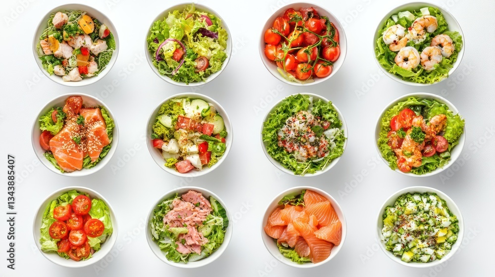 Twelve Bowls Fresh Salads Studio Shot Twelve Bowls Fresh Salads Studio Shot