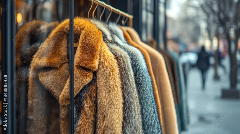 Fototapeta premium Fur coats shop window display, city street