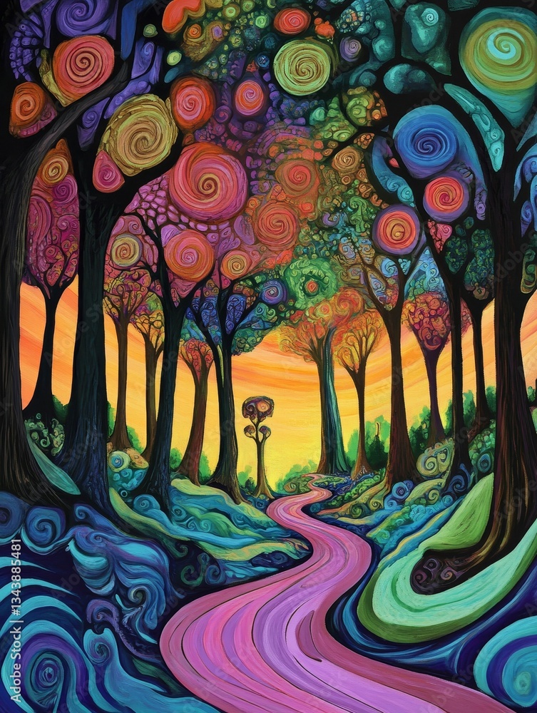 Obraz premium Colorful whimsical forest path sunset dreamscape