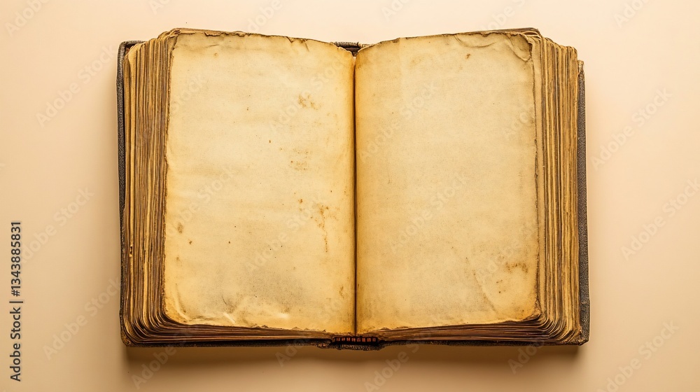 Fototapeta premium Antique open book with blank pages and weathered cover on a neutral background