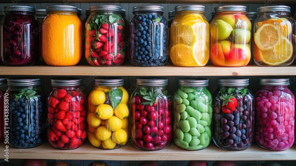 Vibrant Assortment of Preserved Fruits and Vegetables Displayed in Glass Jars Vibrant Assortment of Preserved Fruits and Vegetables Displayed in Glass Jars