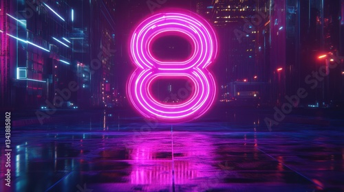 Neon eight glows in futuristic city; digital countdown, website banner
