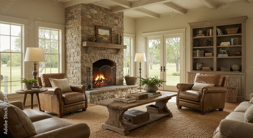 Fototapeta premium Cozy Living Room with Stone Fireplace and Rustic Wood Accents