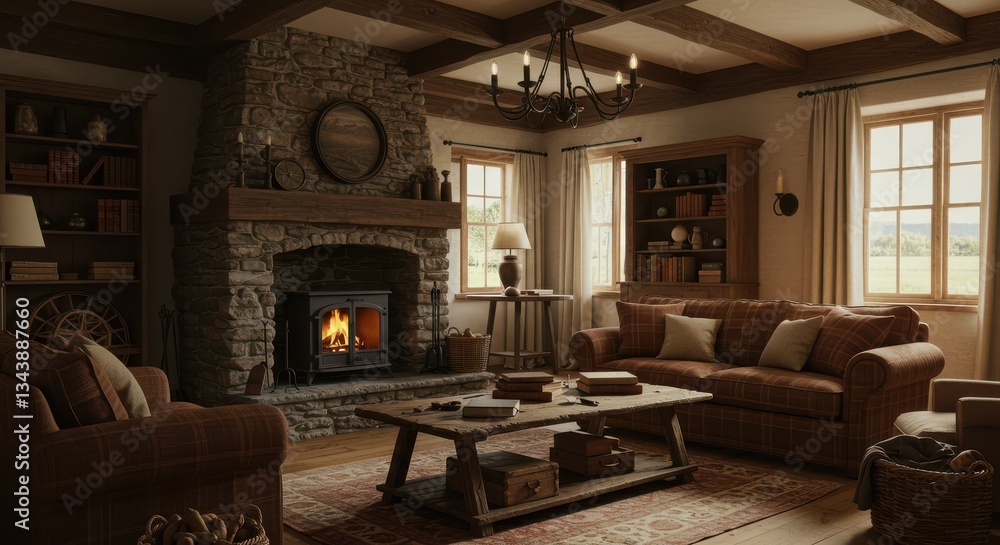 Obraz premium Cozy Living Room with Stone Fireplace and Warm Ambiance Design