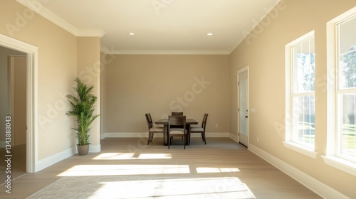A bright, empty living and dining area with a beige wall and a table and chairs.