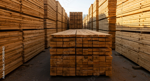 Wallpaper Mural Wood Stacks in a Lumber Yard Bathed in Warm Sunset Light Torontodigital.ca
