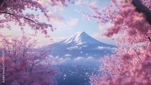 A breathtaking view of Mount Fuji in the distance, framed by fully bloomed cherry blossom trees in the foreground.