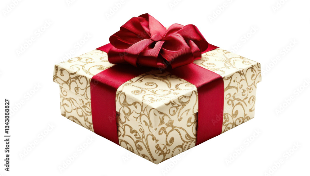 Elegant gift box with red ribbon and gold swirl pattern on a transparent background Festive present for Christmas, birthday, or special occasion Elegant gift box with red ribbon and gold swirl pattern on a transparent background Festive present for Christmas, birthday, or special occasion