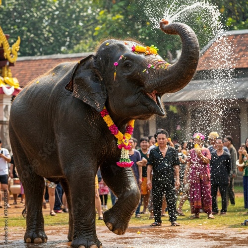 Thai elephants raise their front legs and trunks to spray water while playing Songkran.