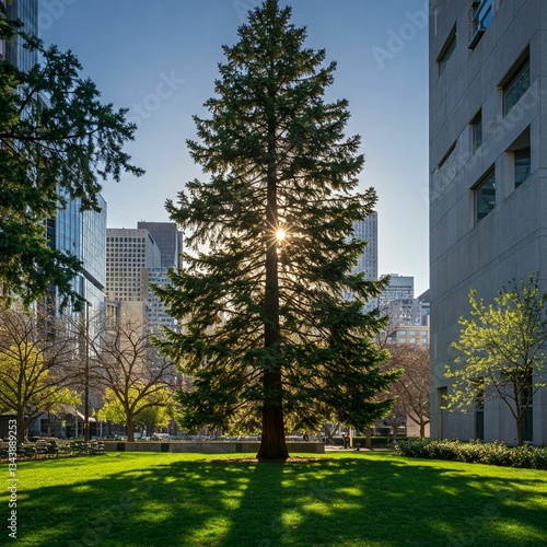 A photo of a tall tree planted on a land surrounded by a city, taken from the side.