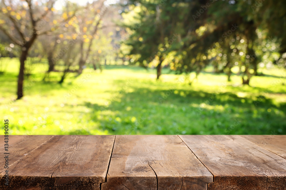 Empty rustic table in front of countryside background. product display and picnic concept Empty rustic table in front of countryside background. product display and picnic concept