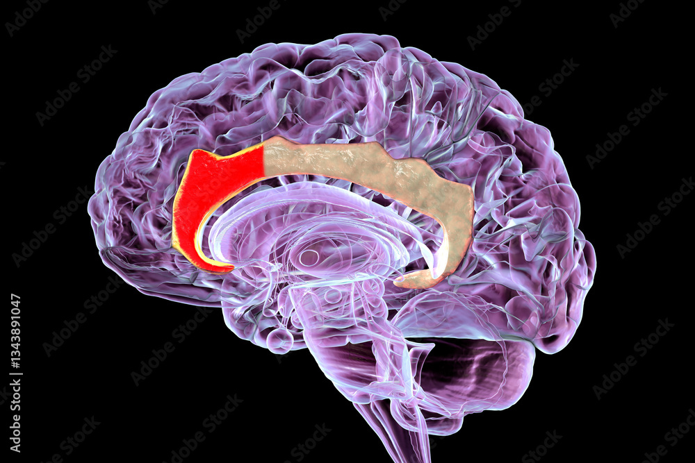 Anterior cingulate cortex in human brain, 3D illustration.