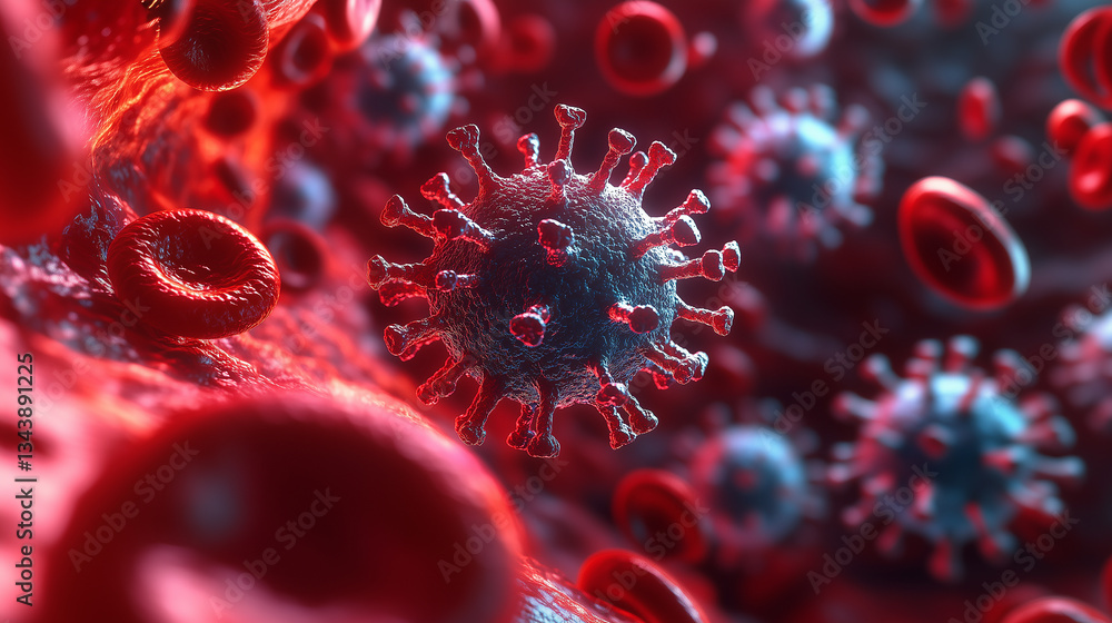 3D Render of Virus Cells in Bloodstream – Microscopic Medical Illustration  