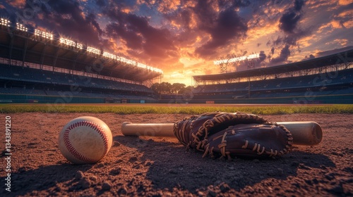 Dramatic baseball stadium sunset backdrop with equipment foreground aesthetic