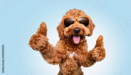A golden doodle wearing sunglasses giving two thumbs up; a happy dog with tongue out giving thumbs up; happy and cool cute dog wearing glasses