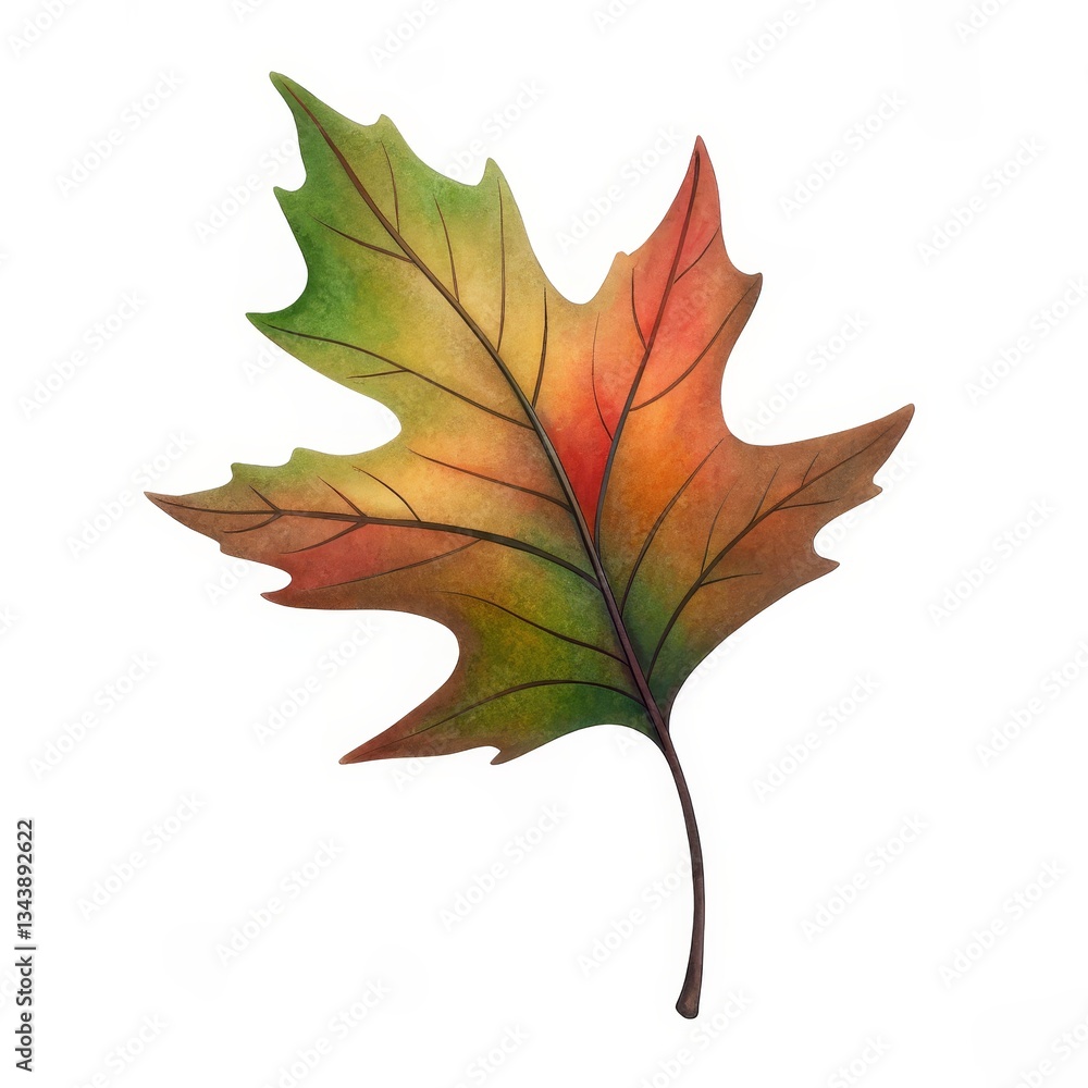 Obraz premium Camping theme, Colorful autumn leaf with intricate details and gradients of green, orange, and yellow.