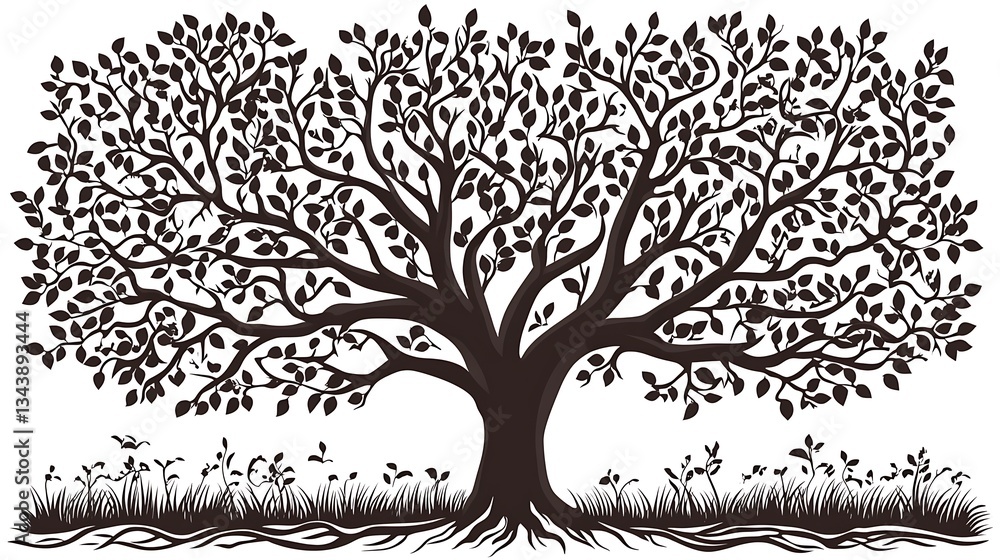 Obraz premium Silhouette of a tree with roots and leaves design