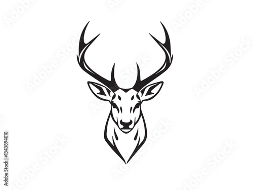 Deer head silhouette on white background. Illustration of deer head with horns. Deer logo design. 