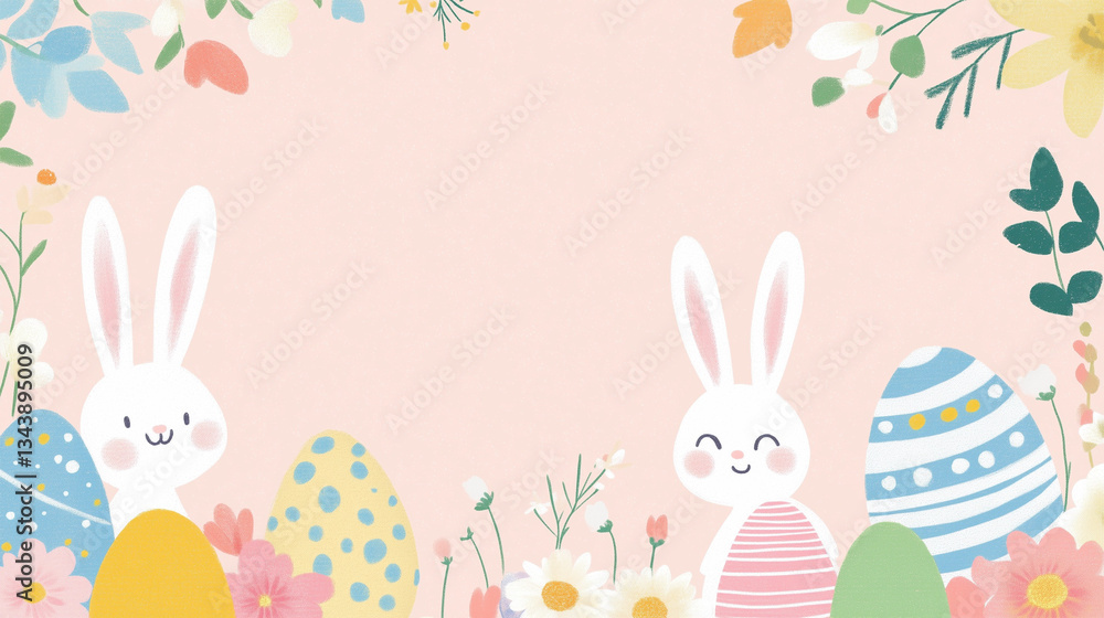 Easter bunny with pastel eggs and flowers, soft pink background, festive springtime holiday celebration Easter bunny with pastel eggs and flowers, soft pink background, festive springtime holiday celebration