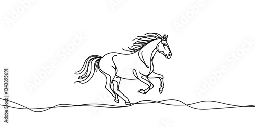 One line drawing Running Horse print,poster logo template.Horse continuous line drawing for decoration design vector isolated illustration in trend Minimal art style.