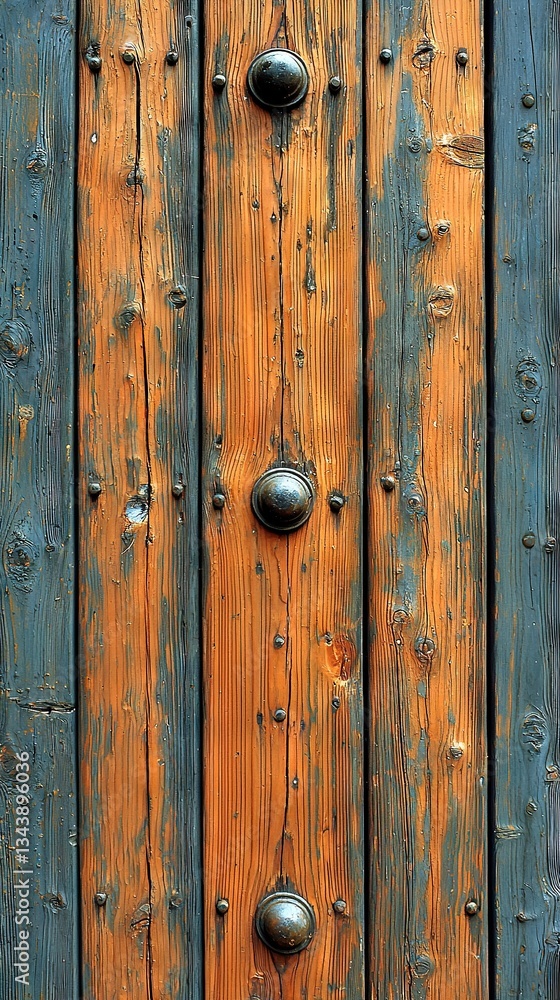Close-up image of wooden door with rivets and handles on exterior surface Close-up image of wooden door with rivets and handles on exterior surface