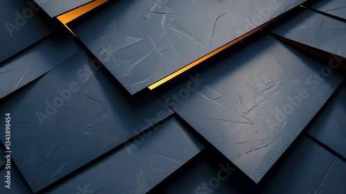 Abstract geometric pattern of dark, textured squares.  Layered, angled shapes create a modern, industrial aesthetic.  Warm golden light highlights some areas, accentuating the depth and dimension