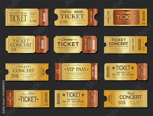 Concert, party or festival gold ticket design template admit one ticket design template