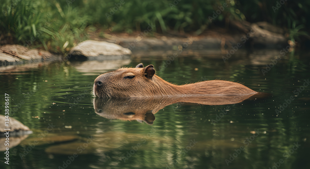 Fototapeta premium A Moment of Serenity on the Water, Capybara's Tranquil Pause, Generate AI