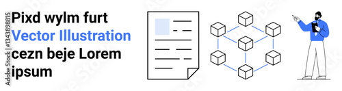 Man presenting interconnected block nodes alongside document, showcasing network connectivity and data management. Ideal for blockchain, innovation, collaboration, networking, technology, data