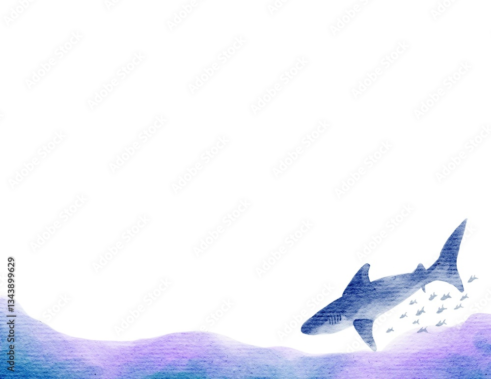 Fototapeta premium Undersea background on high quality watercolor paper texture. A blue shark with fishes on the right side of the frame. Design for printing job and digital use, notepad, memo pad, post card.