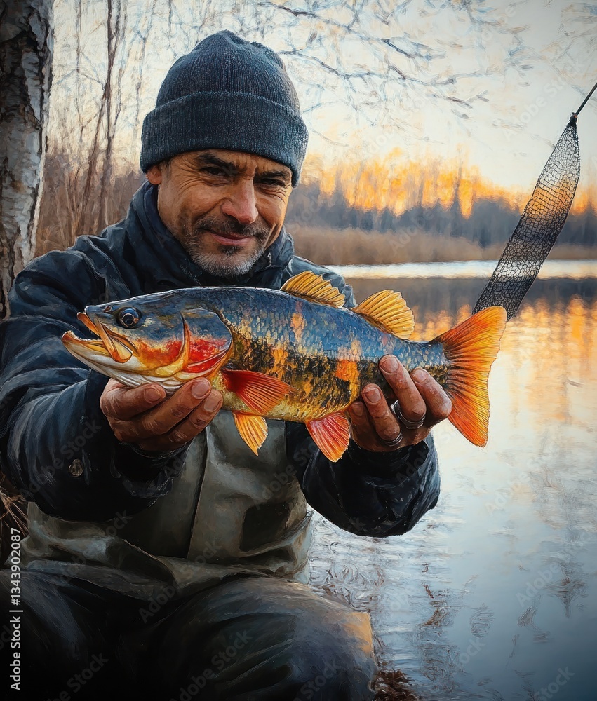 Fisherman with Trophy Perch at Lakeside During Golden Hour Fisherman with Trophy Perch at Lakeside During Golden Hour