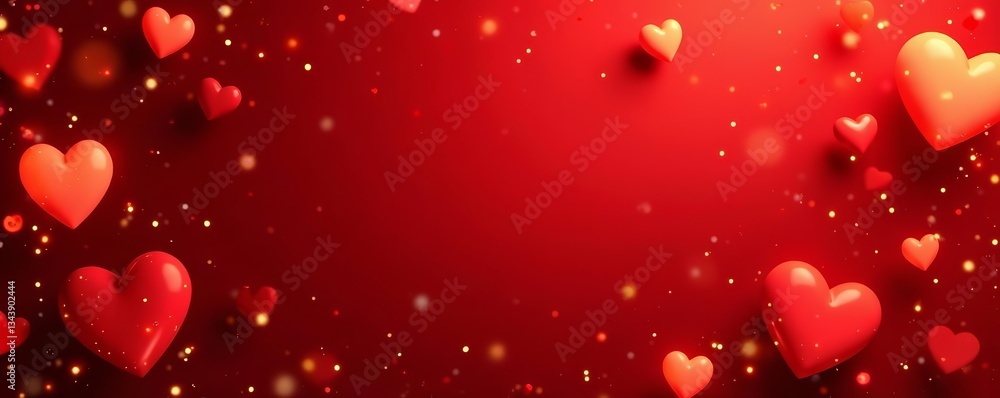 Festive red background adorned with glowing gold hearts for Valentine's Day celebration, love, hearts Festive red background adorned with glowing gold hearts for Valentine's Day celebration, love, hearts