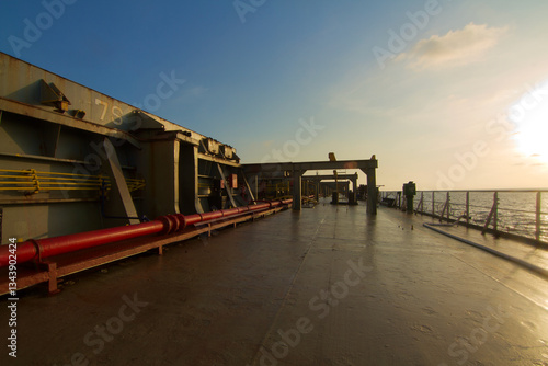 View of the main deck of a bulk carrier ship underway at sea