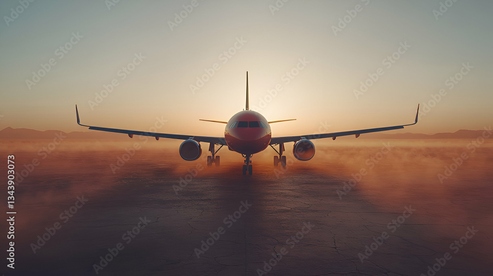 Naklejka premium Airplane on Runway at Dawn Ready for Flight Travel
